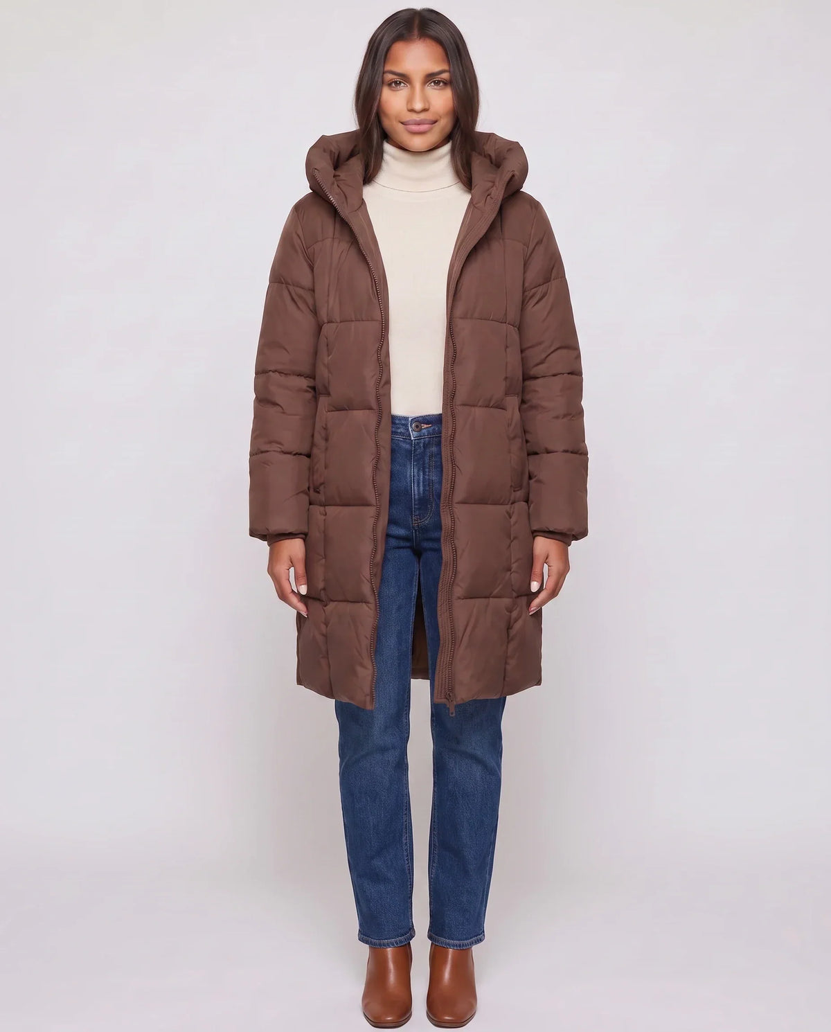 Long Hooded Puffer Jacket with Square Quilting