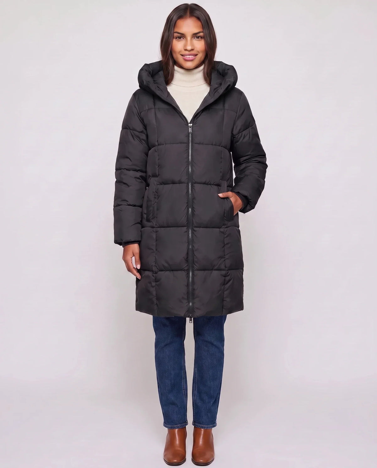 Long Hooded Puffer Jacket with Square Quilting