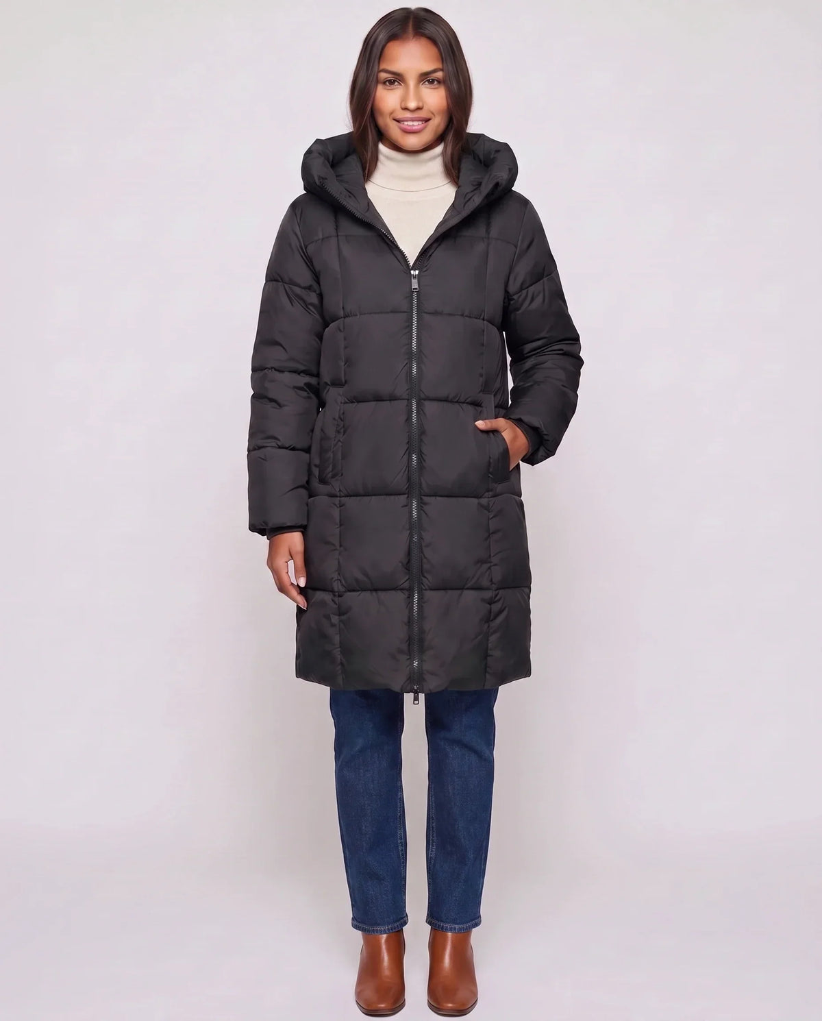 Long Hooded Puffer Jacket with Square Quilting