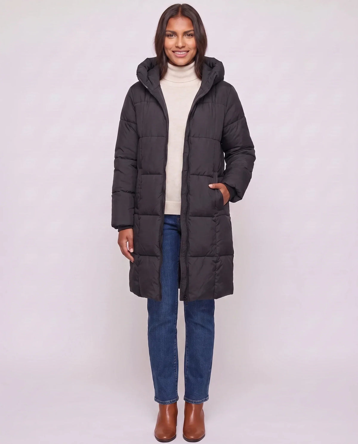 Long Hooded Puffer Jacket with Square Quilting