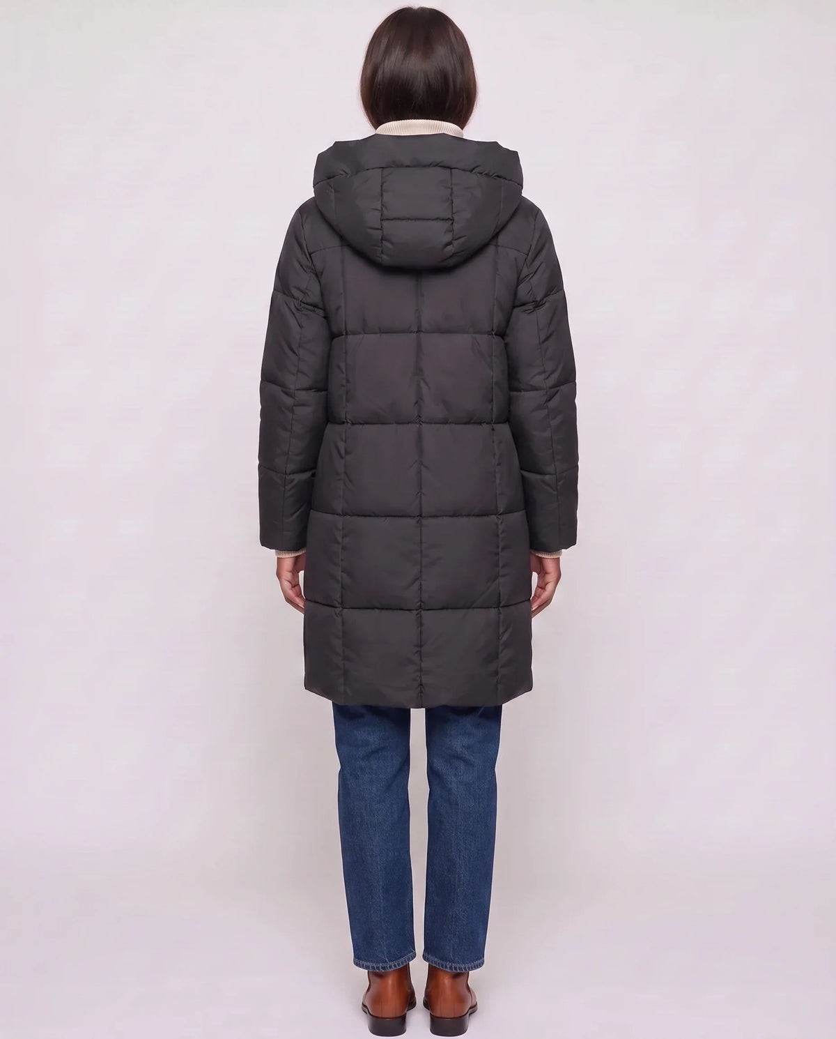 Long Hooded Puffer Jacket with Square Quilting