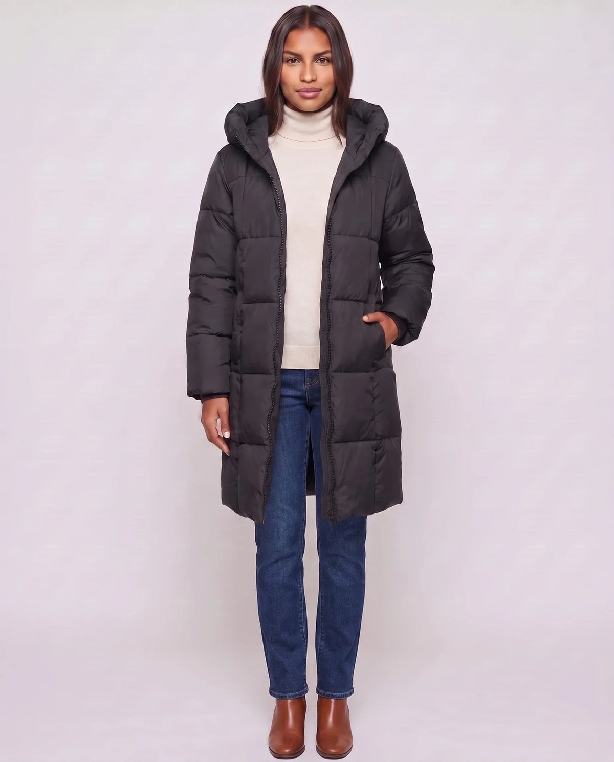 Long Hooded Puffer Jacket with Square Quilting