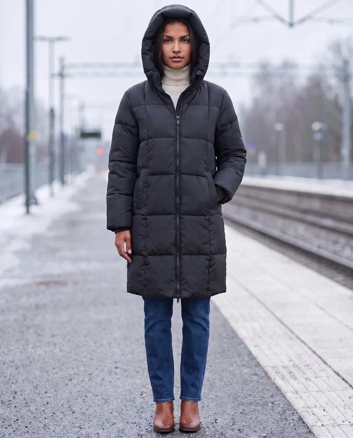 Long Hooded Puffer Jacket with Square Quilting