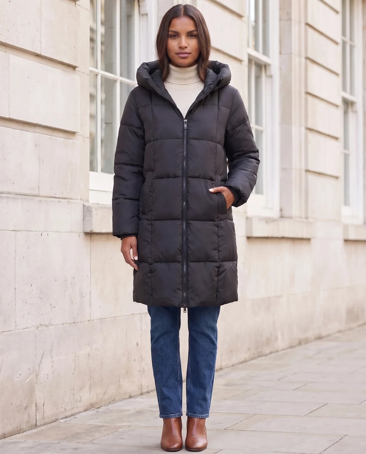 Long Hooded Puffer Jacket with Square Quilting