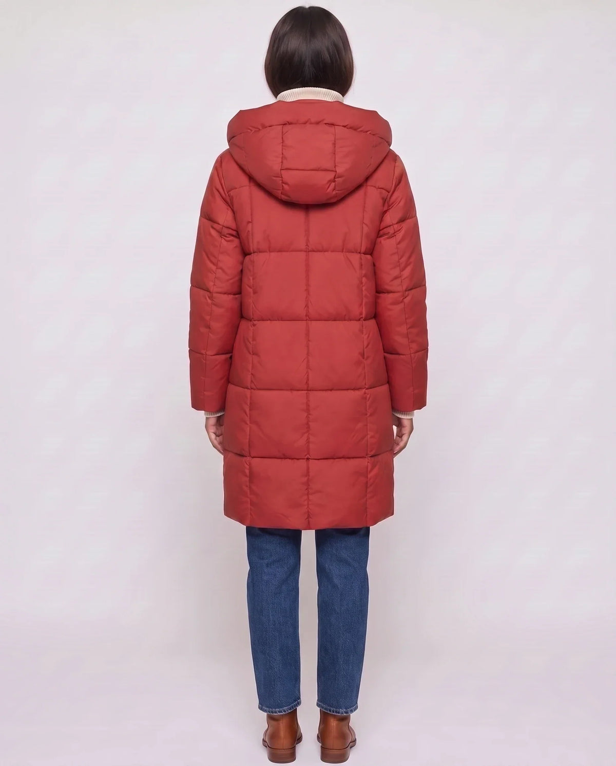 Long Hooded Puffer Jacket with Square Quilting