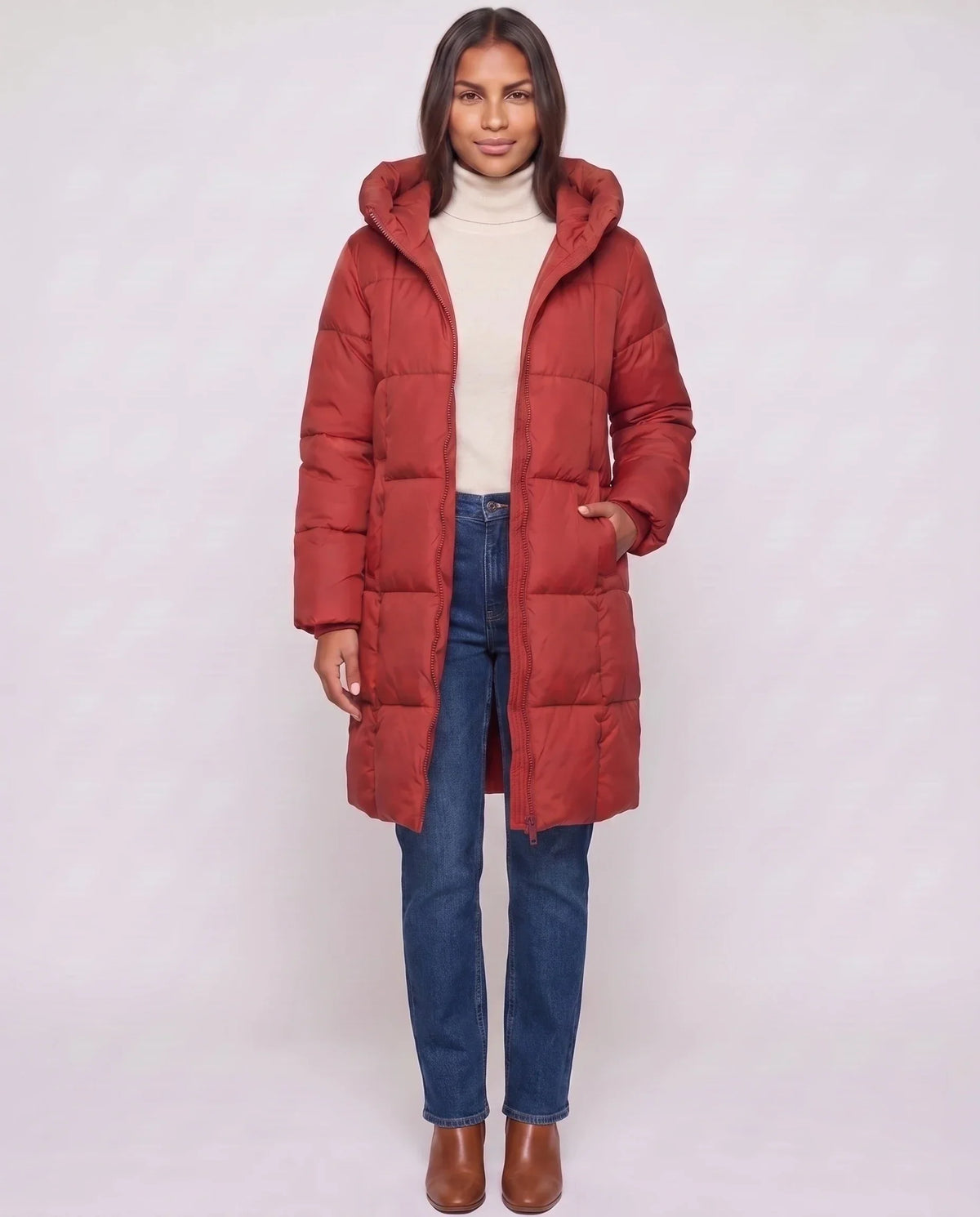 Long Hooded Puffer Jacket with Square Quilting