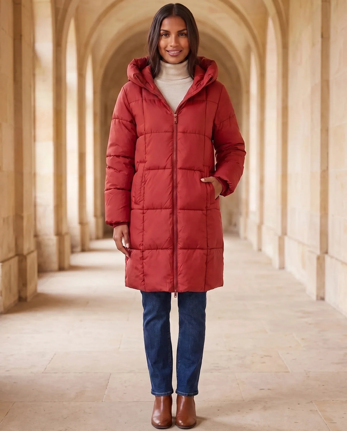 Long Hooded Puffer Jacket with Square Quilting