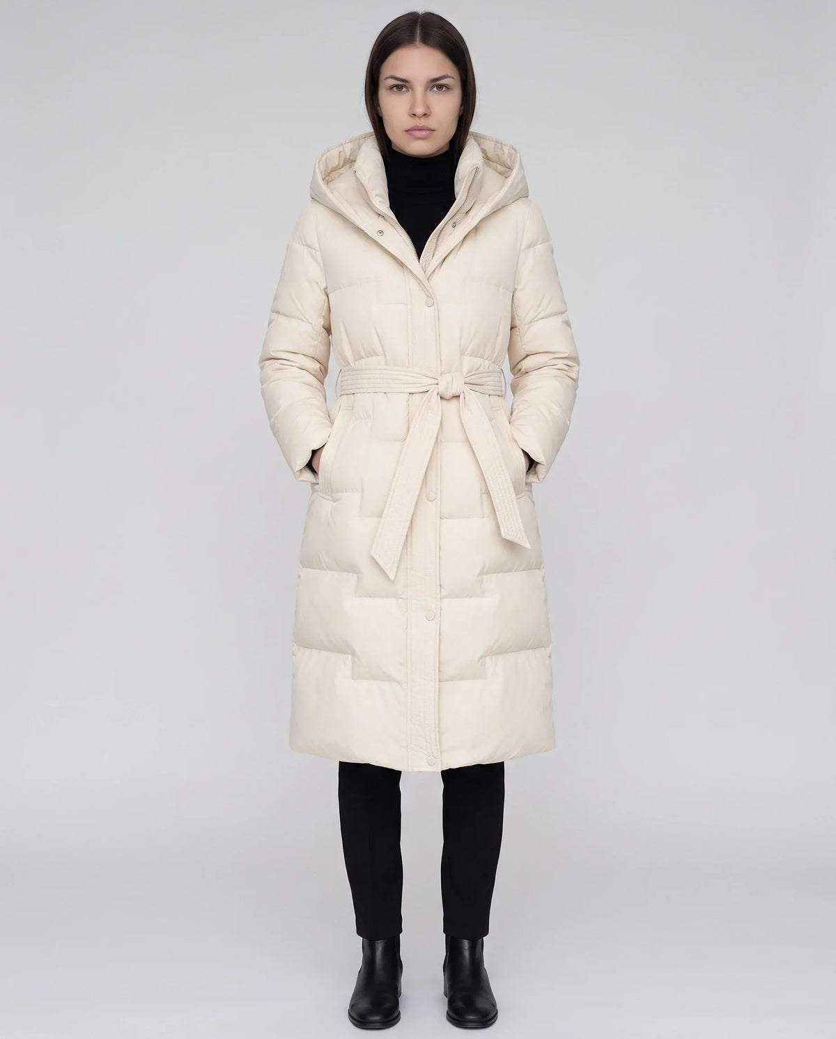 Long Hooded Puffer Jacket with Tie Belt