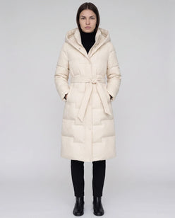 Long Hooded Puffer Jacket with Tie Belt