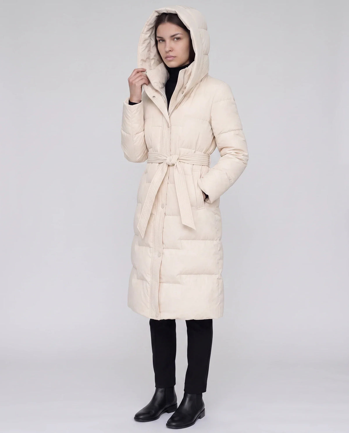 Long Hooded Puffer Jacket with Tie Belt