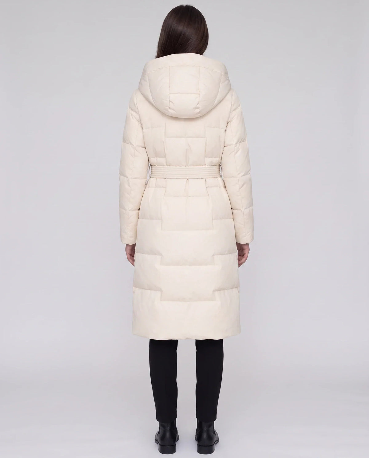 Long Hooded Puffer Jacket with Tie Belt