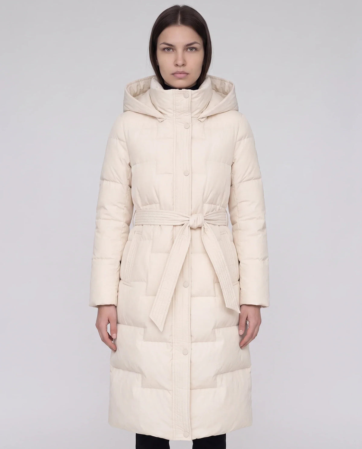 Long Hooded Puffer Jacket with Tie Belt