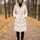 Long Hooded Puffer Jacket with Tie Belt