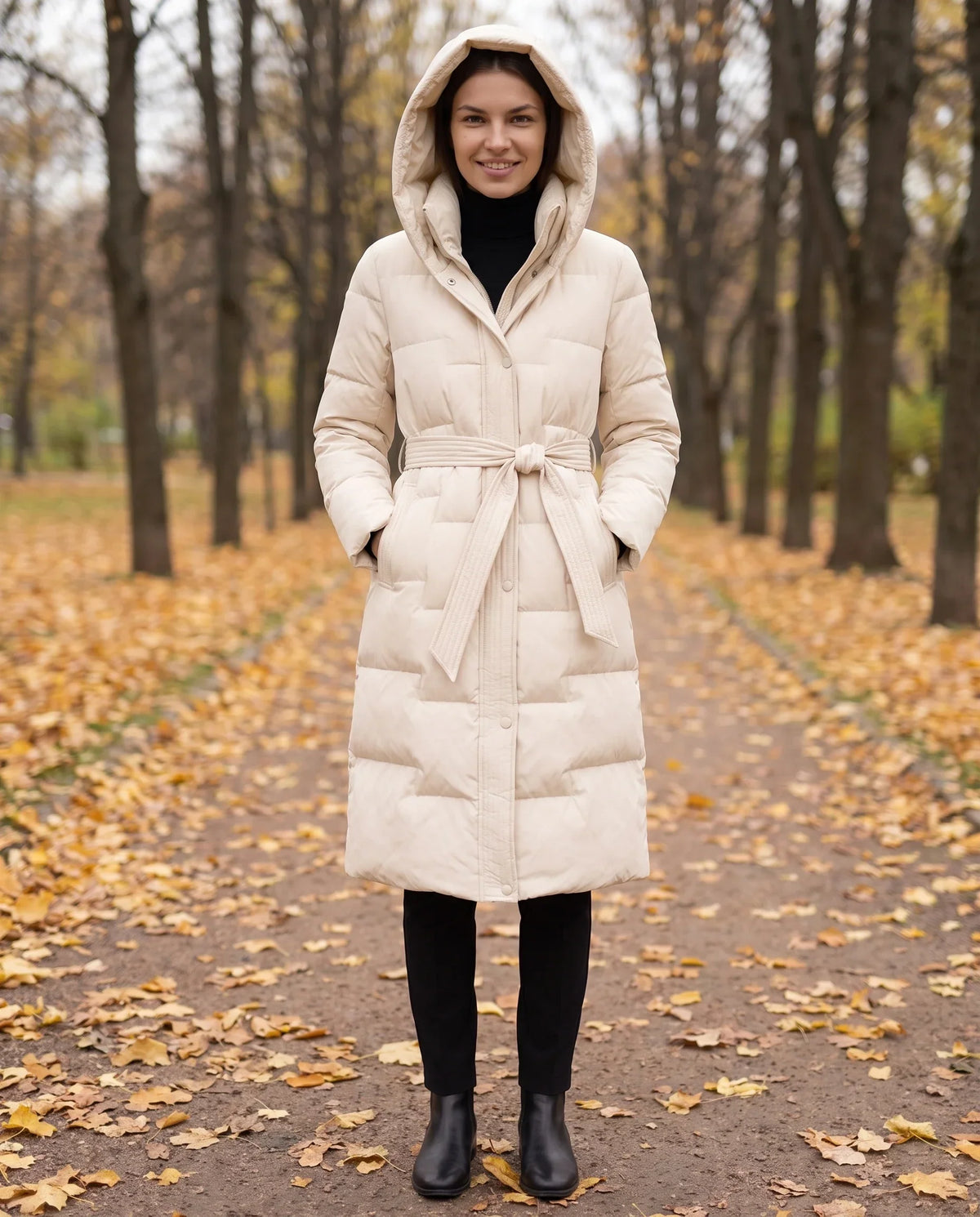 Long Hooded Puffer Jacket with Tie Belt