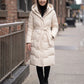 Long Hooded Puffer Jacket with Tie Belt