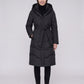 Long Hooded Puffer Jacket with Tie Belt