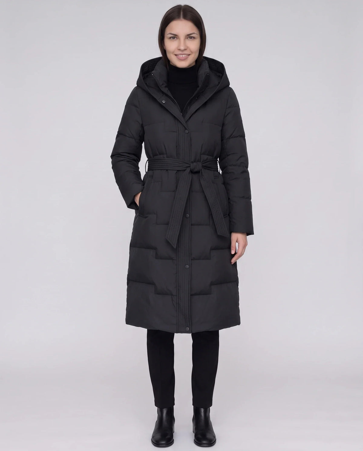 Long Hooded Puffer Jacket with Tie Belt