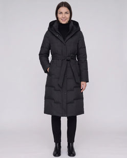 Long Hooded Puffer Jacket with Tie Belt
