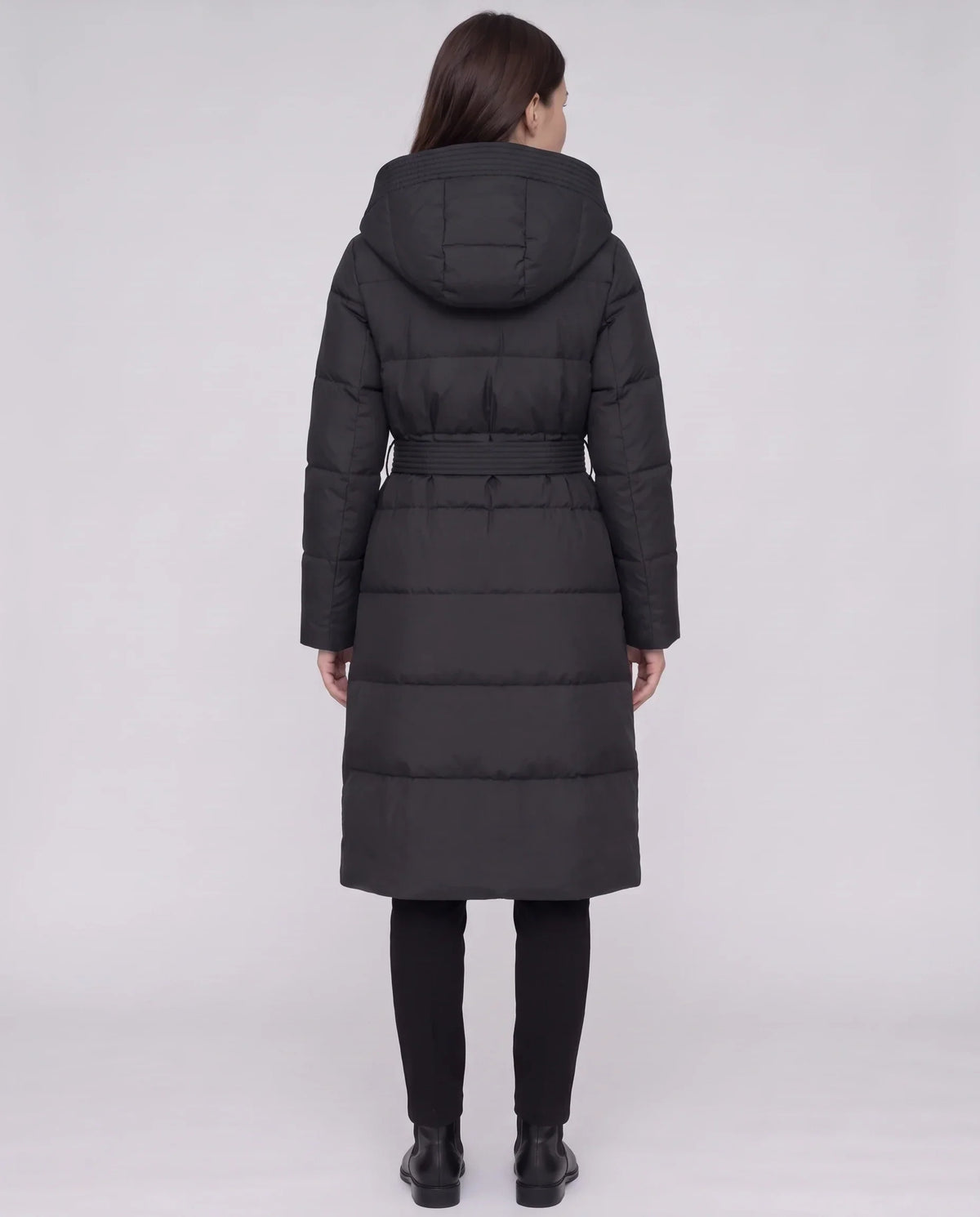 Long Hooded Puffer Jacket with Tie Belt