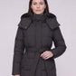 Long Hooded Puffer Jacket with Tie Belt