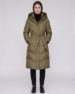 Long Hooded Puffer Jacket with Tie Belt