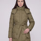 Long Hooded Puffer Jacket with Tie Belt