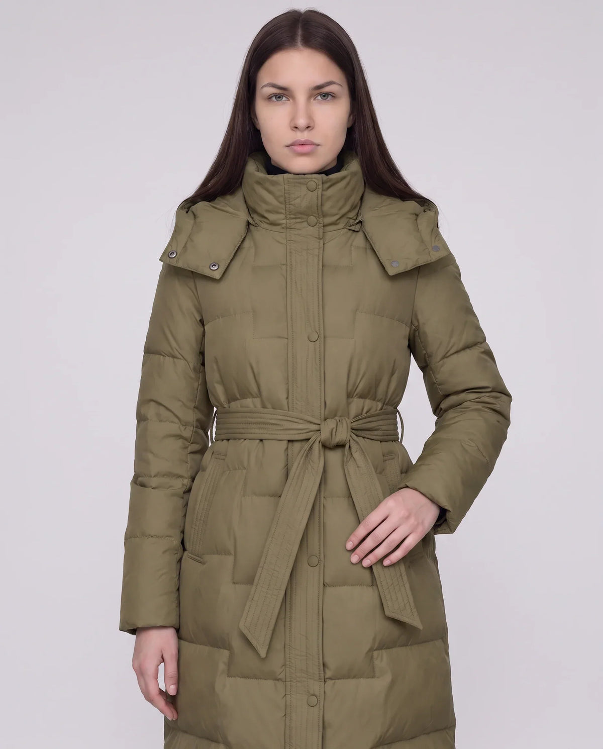 Long Hooded Puffer Jacket with Tie Belt