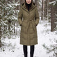 Long Hooded Puffer Jacket with Tie Belt