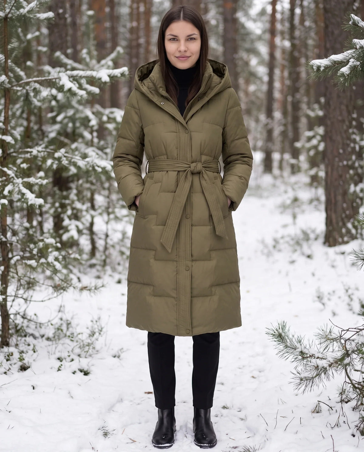 Long Hooded Puffer Jacket with Tie Belt