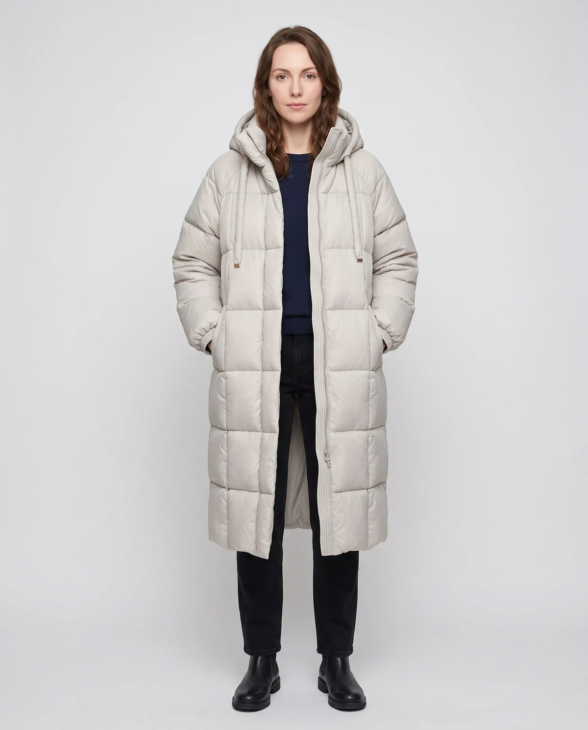 Long Hooded Puffer Jacket with Big Square Baffles