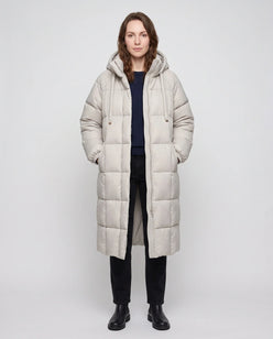 Long Hooded Puffer Jacket with Big Square Baffles