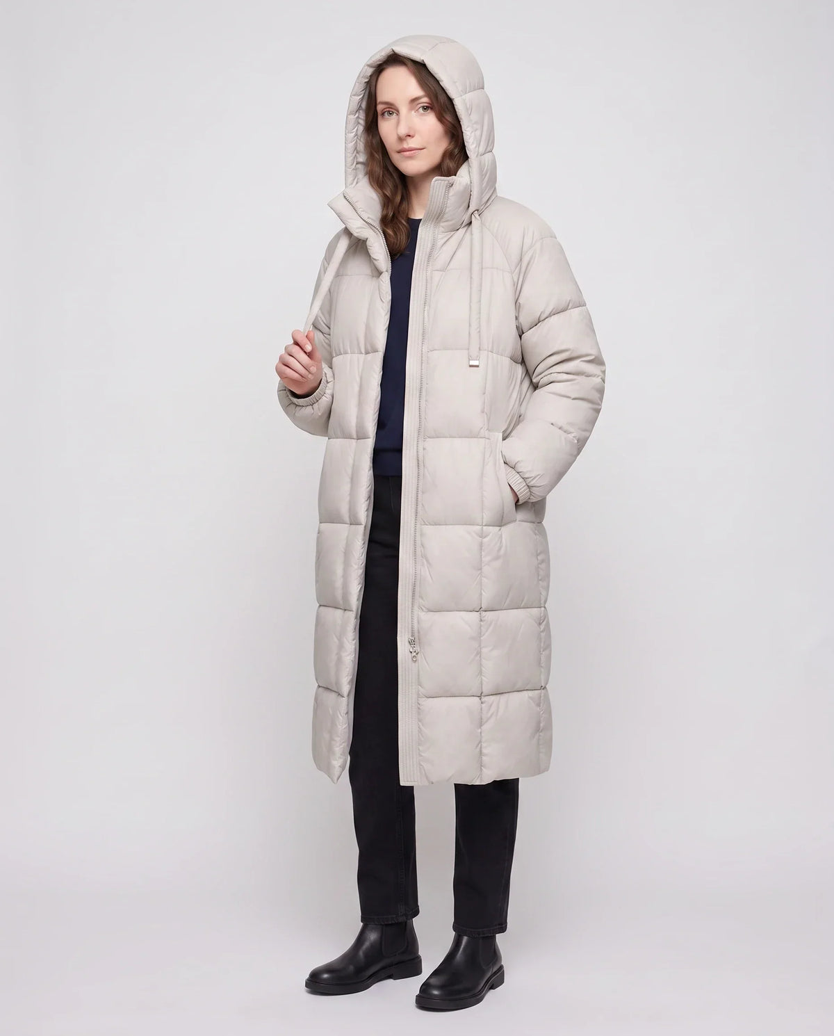 Long Hooded Puffer Jacket with Big Square Baffles