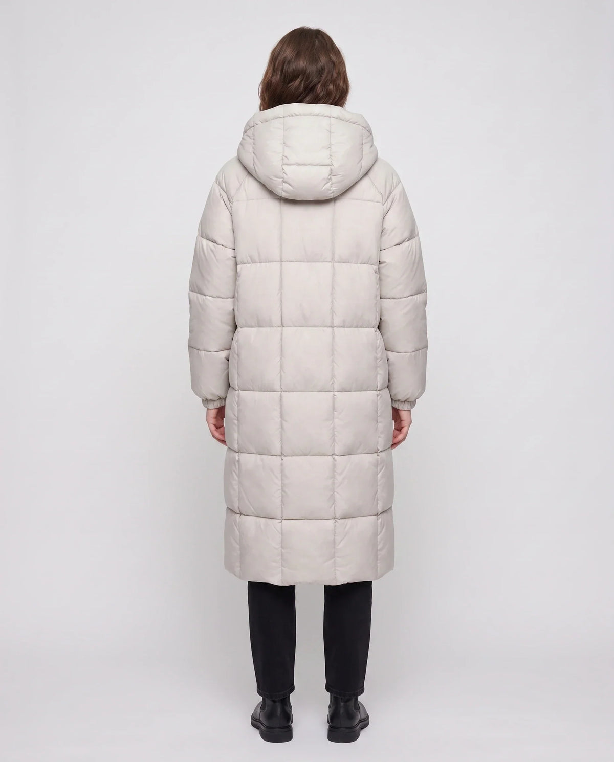 Long Hooded Puffer Jacket with Big Square Baffles