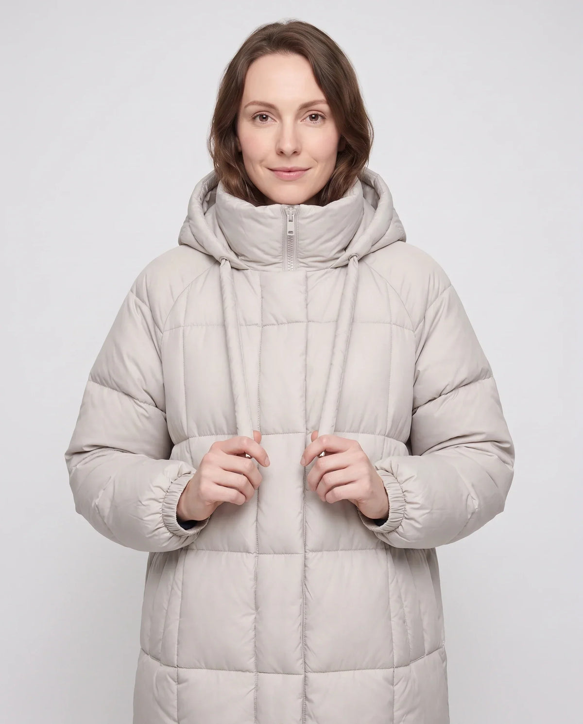 Long Hooded Puffer Jacket with Big Square Baffles