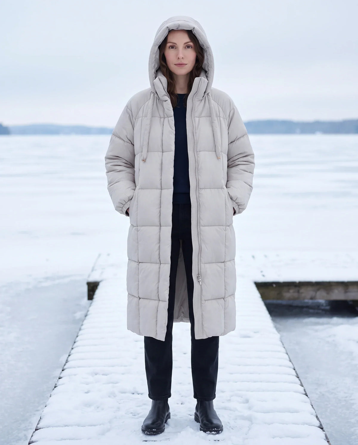 Long Hooded Puffer Jacket with Big Square Baffles