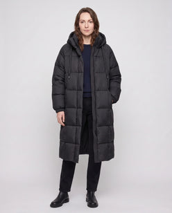 Long Hooded Puffer Jacket with Big Square Baffles