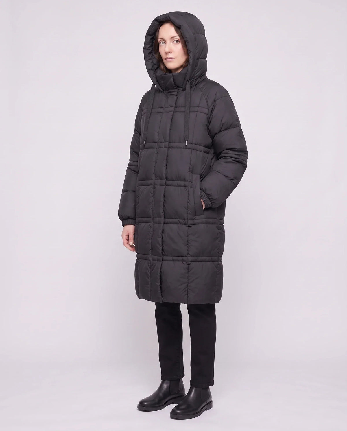 Long Hooded Puffer Jacket with Big Square Baffles