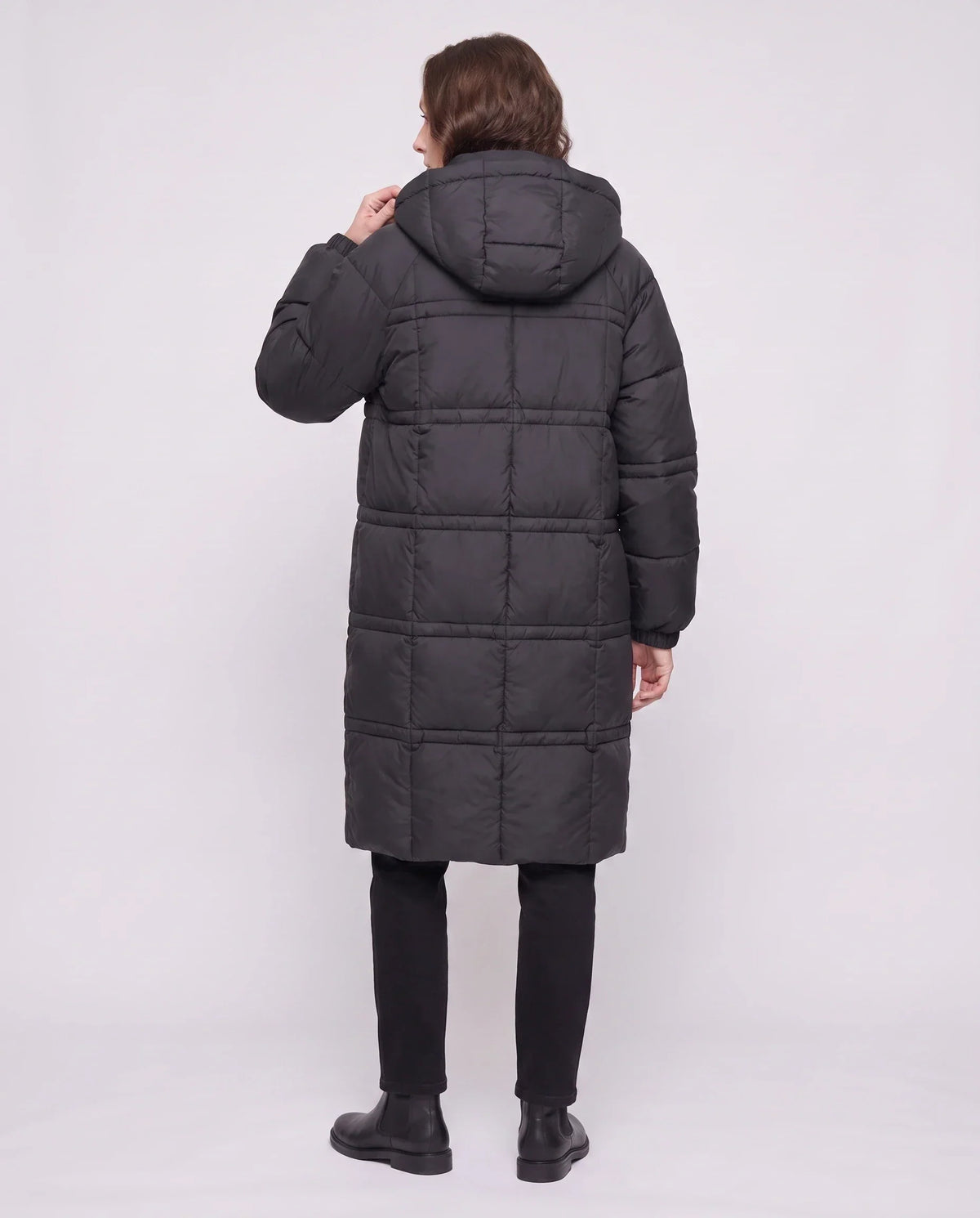 Long Hooded Puffer Jacket with Big Square Baffles