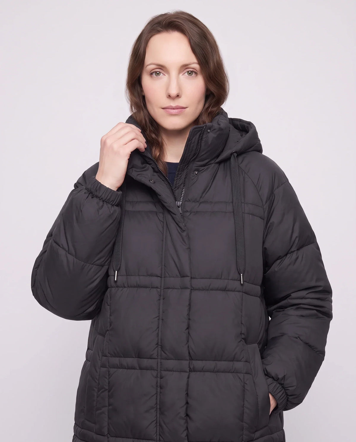 Long Hooded Puffer Jacket with Big Square Baffles