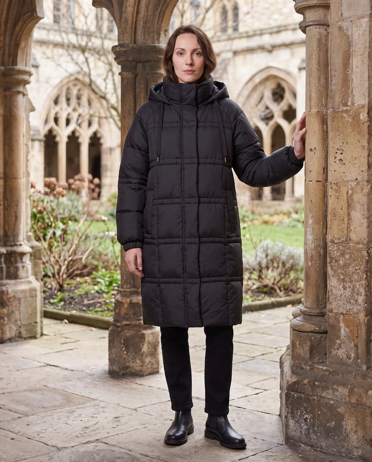 Long Hooded Puffer Jacket with Big Square Baffles