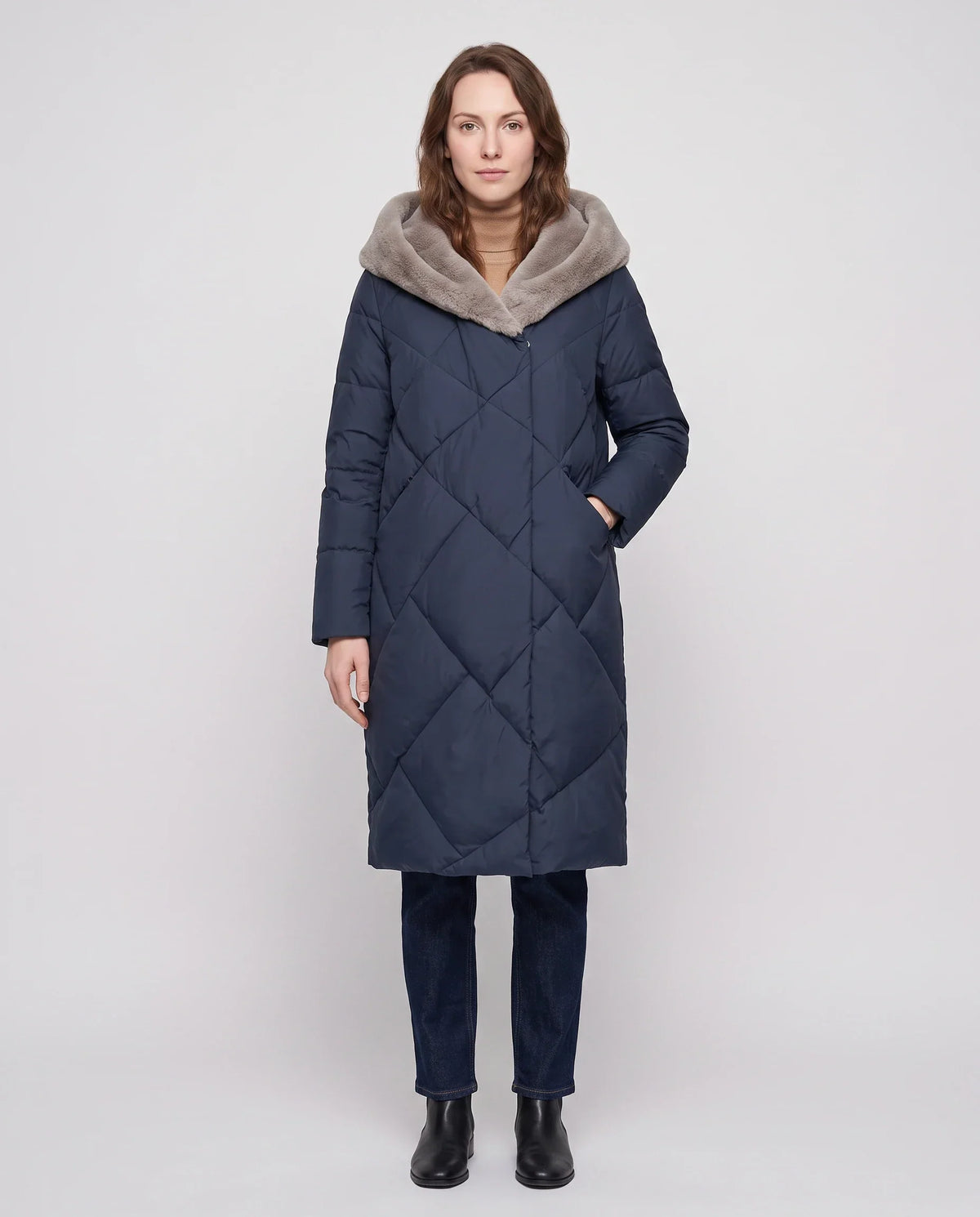 Long Puffer Jacket with Faux Fur-Lined Hood