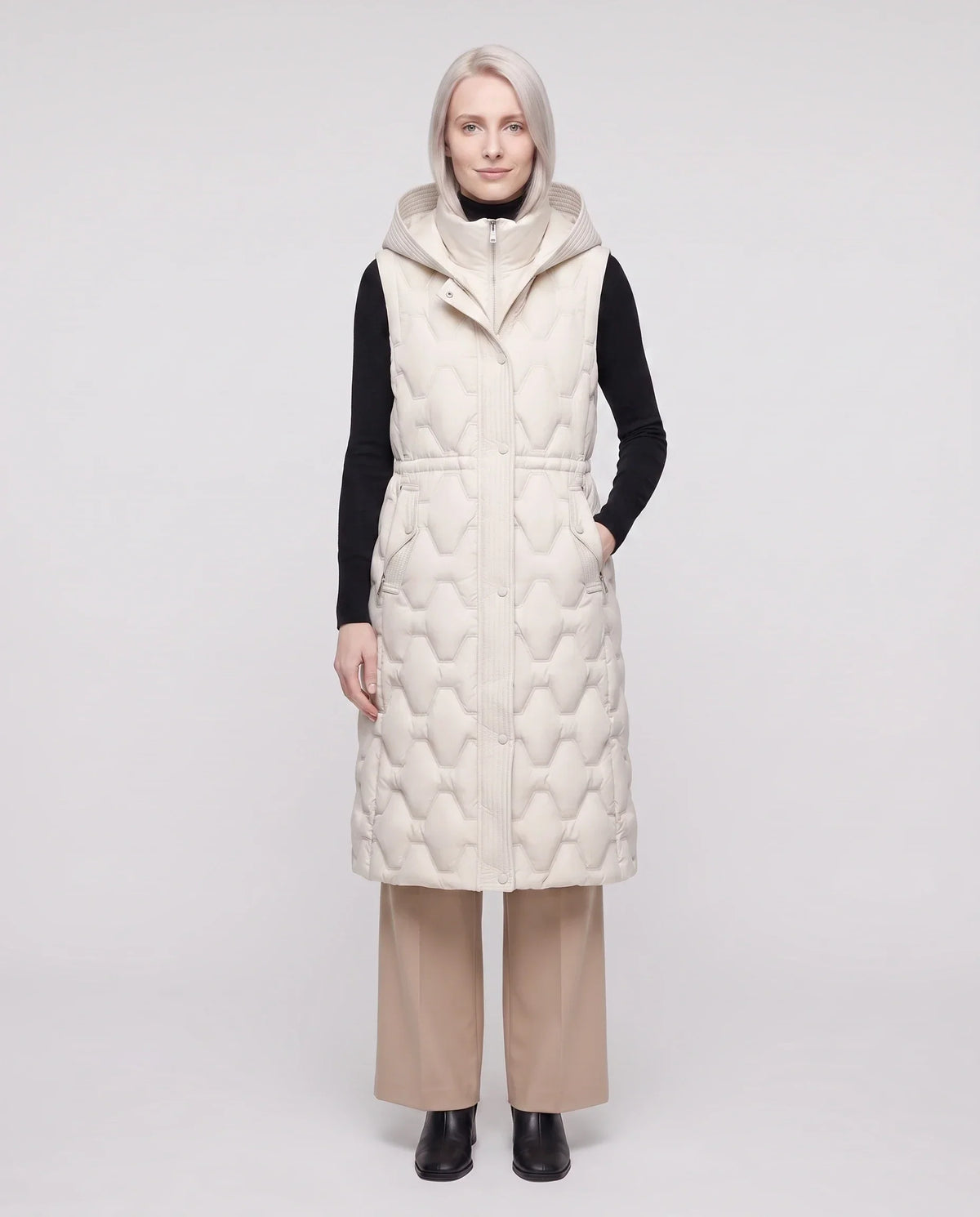Long Hooded Puffer Jacket with Detachable Sleeves
