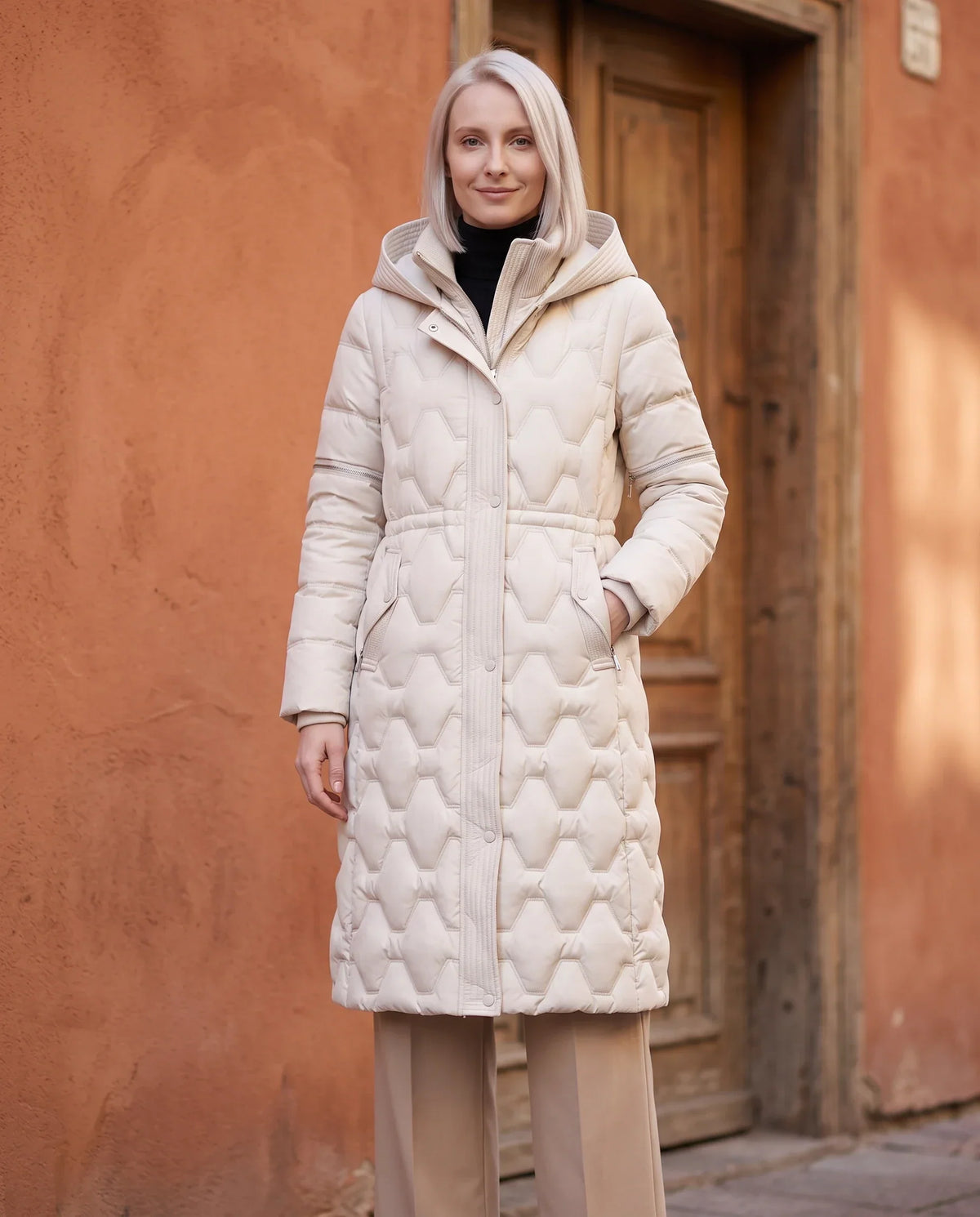 Long Hooded Puffer Jacket with Detachable Sleeves