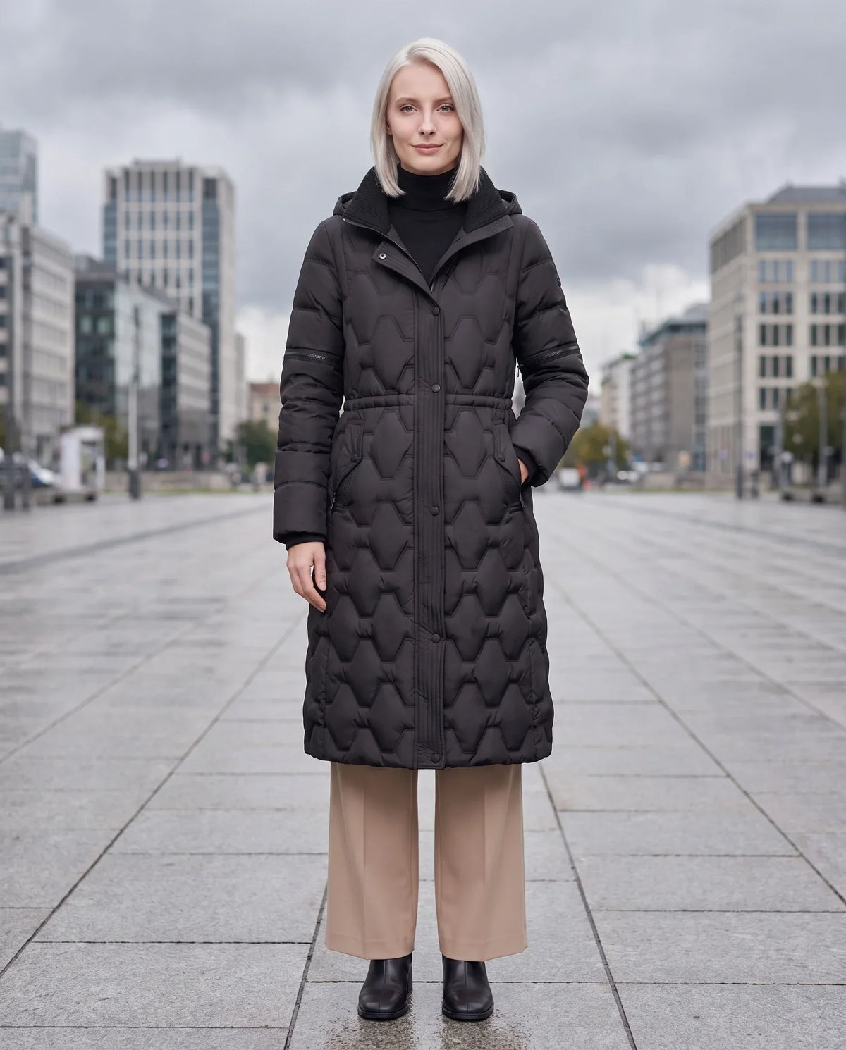 Long Hooded Puffer Jacket with Detachable Sleeves