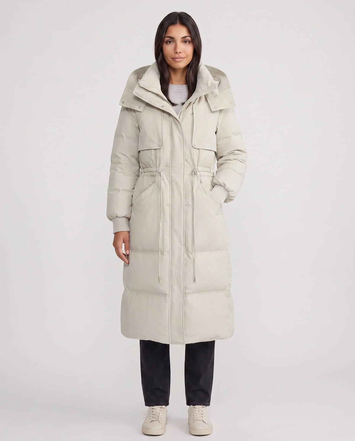 Long Hooded Puffer Jacket with Drawcord Waist