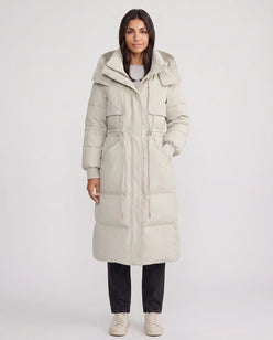 Long Hooded Puffer Jacket with Drawcord Waist