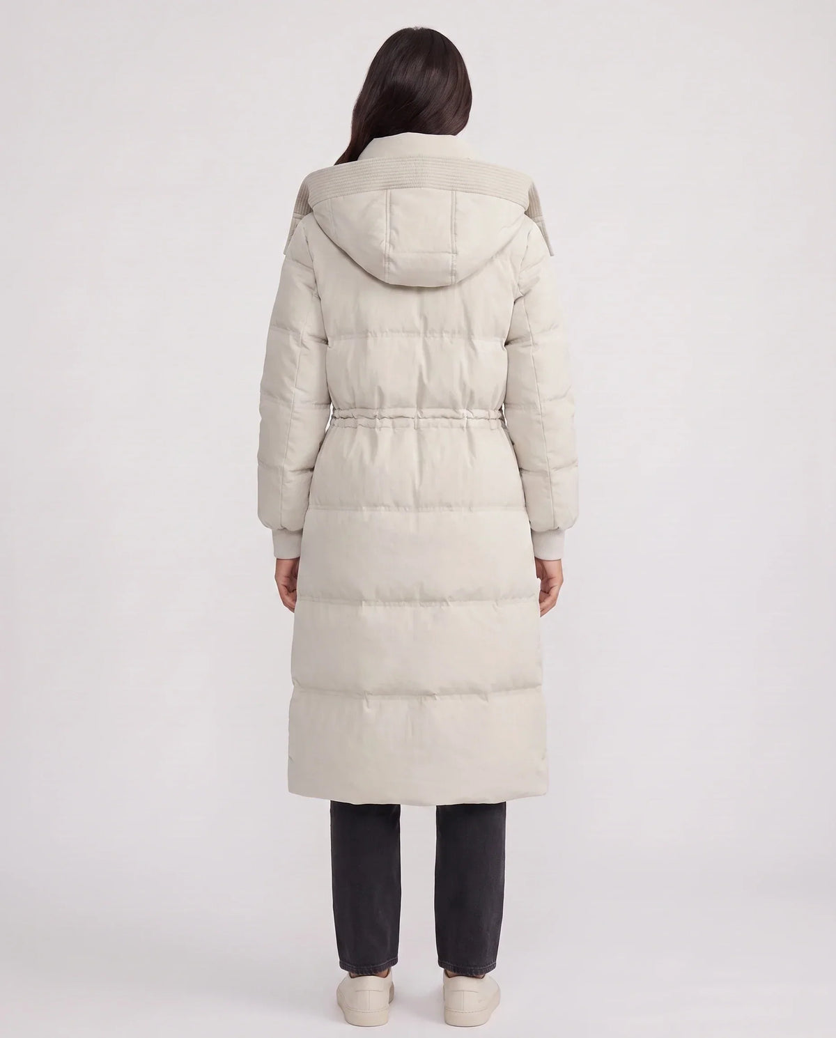 Long Hooded Puffer Jacket with Drawcord Waist