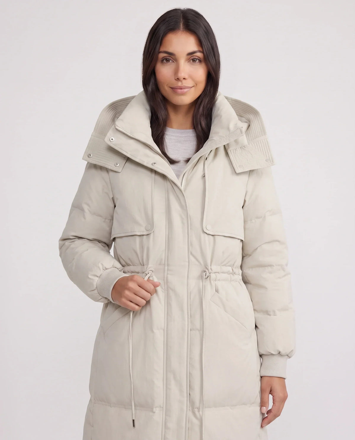 Long Hooded Puffer Jacket with Drawcord Waist
