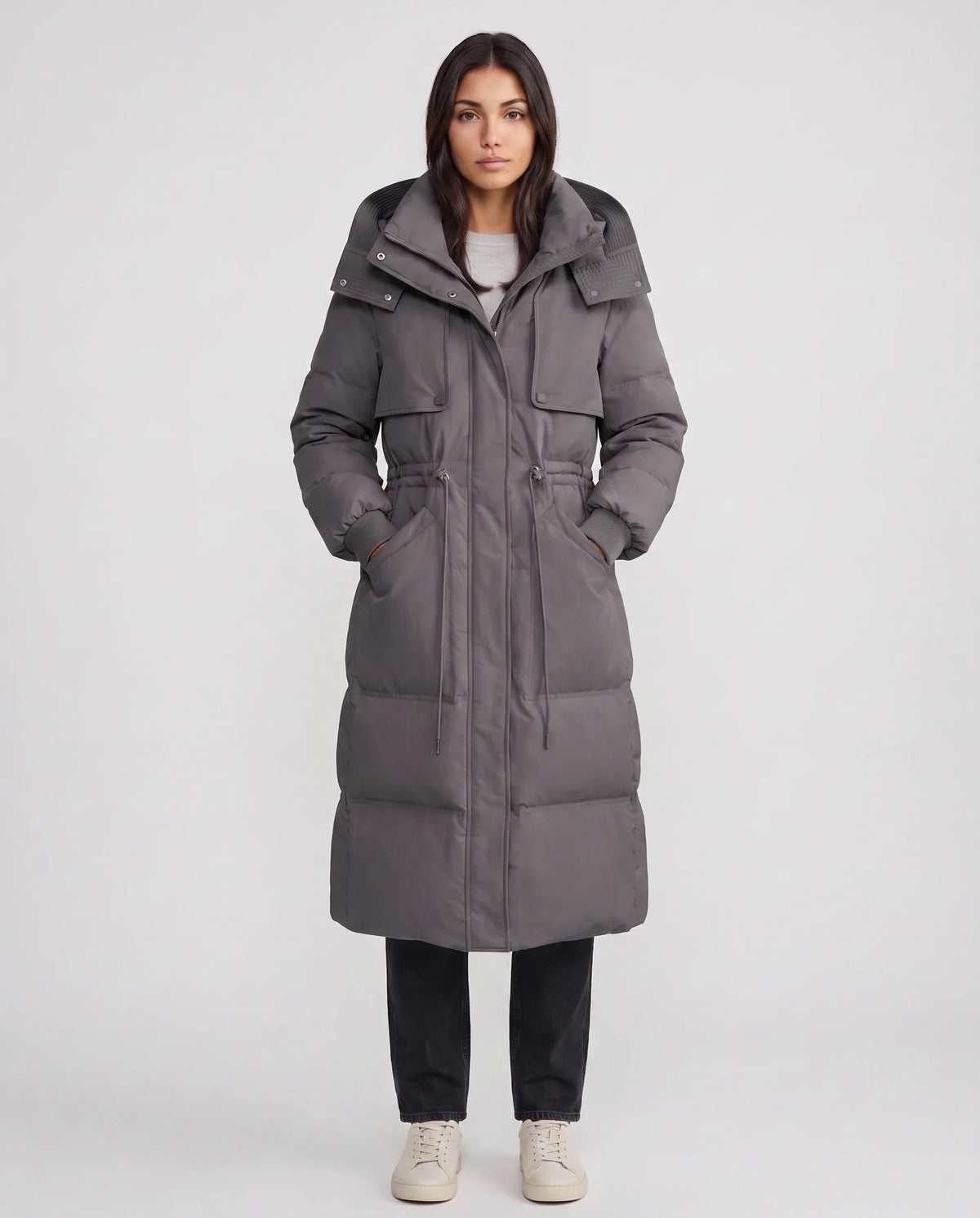 Long Hooded Puffer Jacket with Drawcord Waist