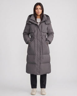 Long Hooded Puffer Jacket with Drawcord Waist